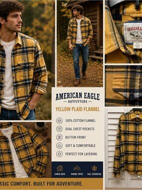 VTG American Eagle Shirt Men Medium Yellow Buffalo Plaid Flannel Cabincore Hiker